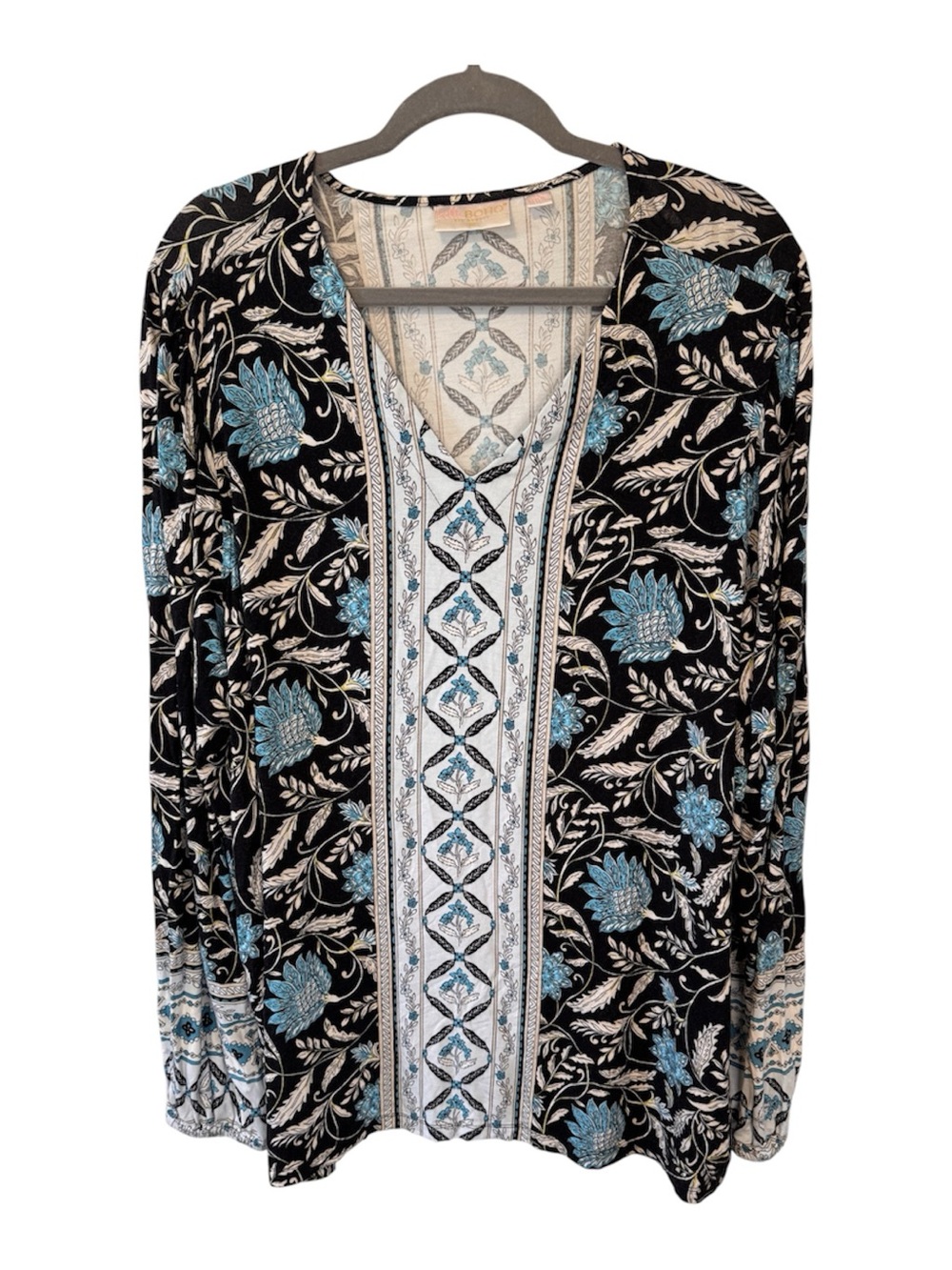 Belle by Kim Gravel Floral Boho Boarder Print Tunic Blouse Black Blue Size 2X - Picture 2 of 11